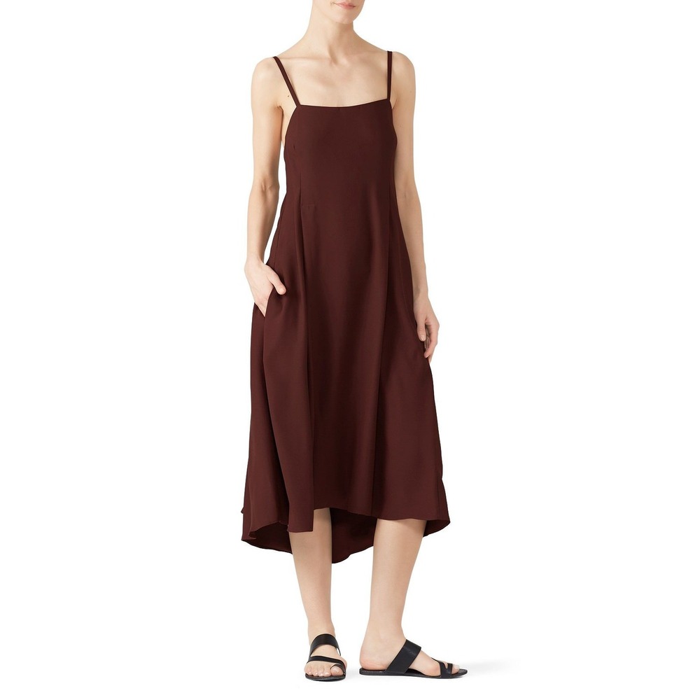 Vince Chocolate Brown Tie Back Midi Cami Dress XS Handkerchief Hem Pocket‎ Slip
